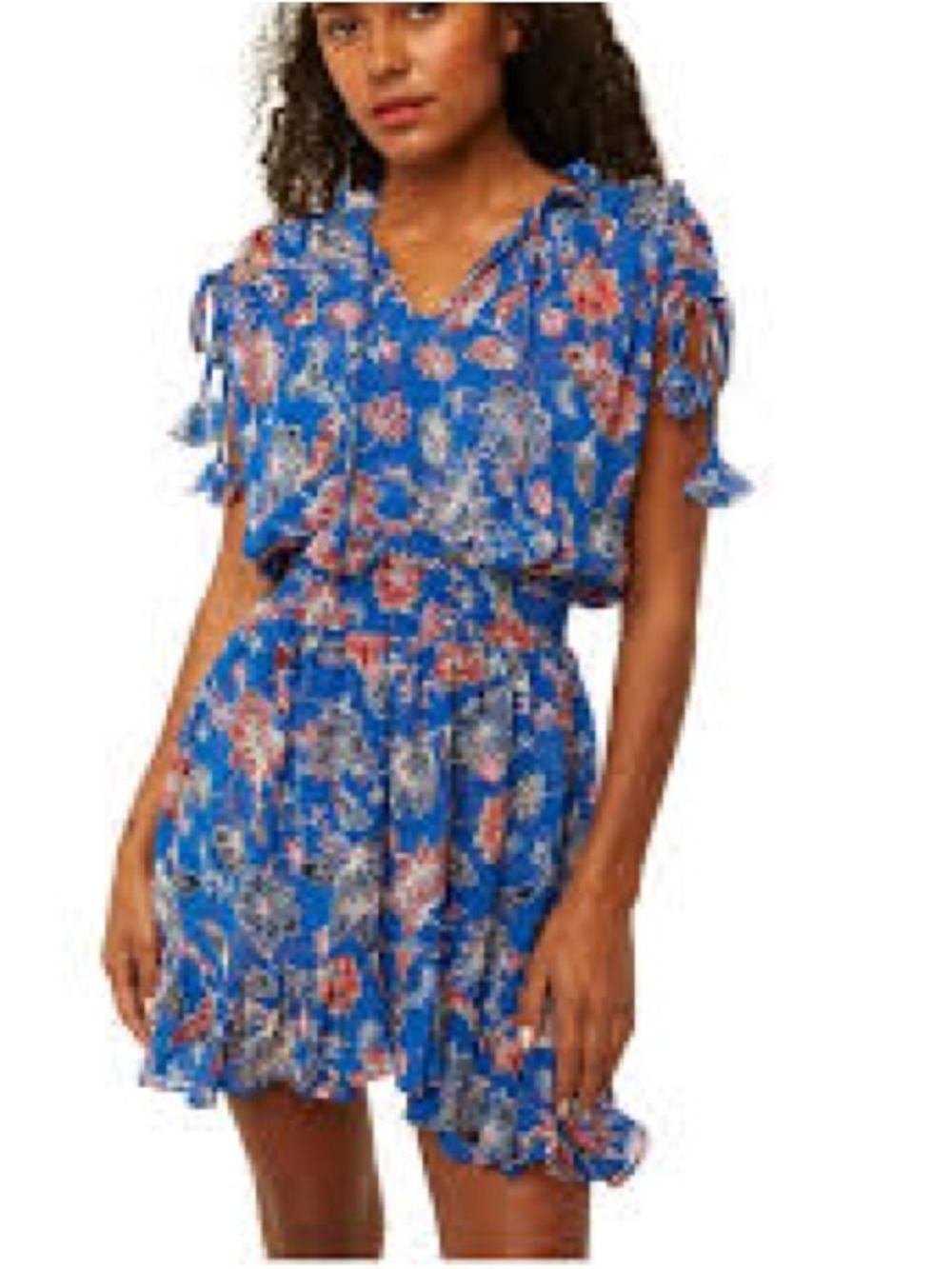 MISA Los Angeles Blue Floral Short Sleeve Smocked Waist Mini Dress